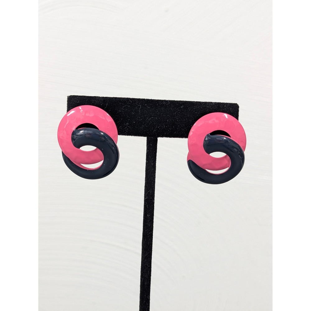 Vintage Pink Navy Enamel Swirl Earrings Retro 80s 90s Statement